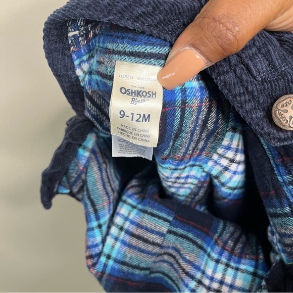 OshKosh Bigosh Toddler Plaid-Lined Corduroy Overalls‎ Navy Blue 9-12 Months - Picture 6 of 10